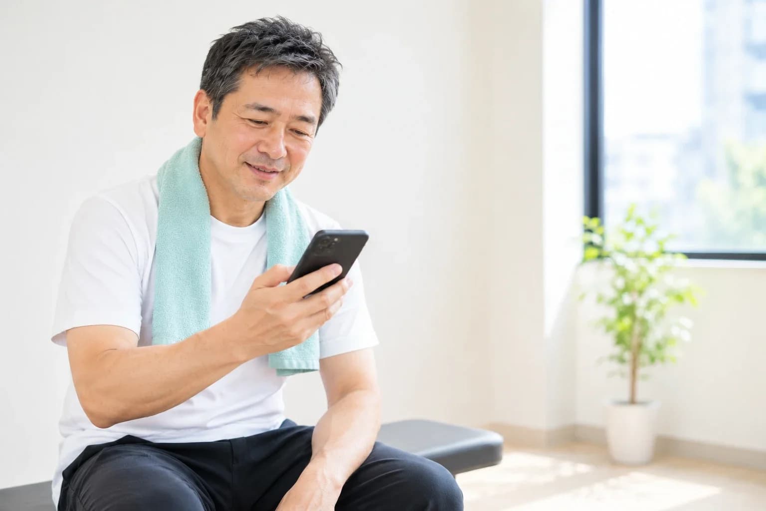 運動を終え、タオルを首にかけてスマートフォンを見ながら微笑む男性