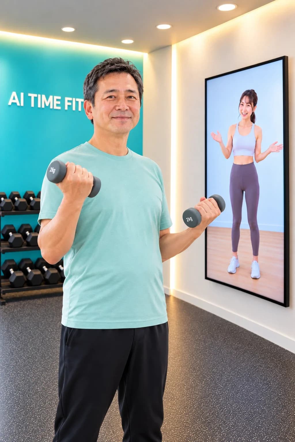 2kgのダンベルを持って笑う50代の男性と、後ろの大画面に映るAIトレーナー