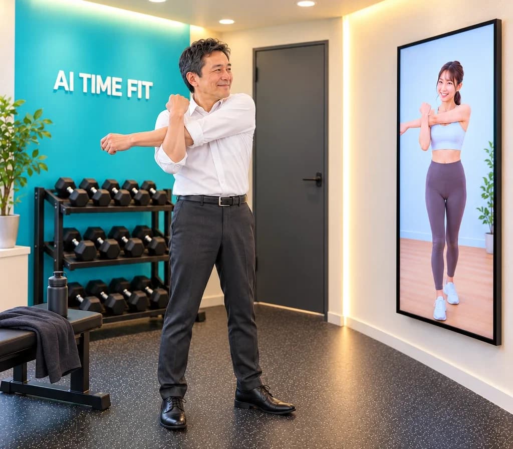 大画面に映るAIトレーナーの見本に合わせて、腕のストレッチをする50代の男性